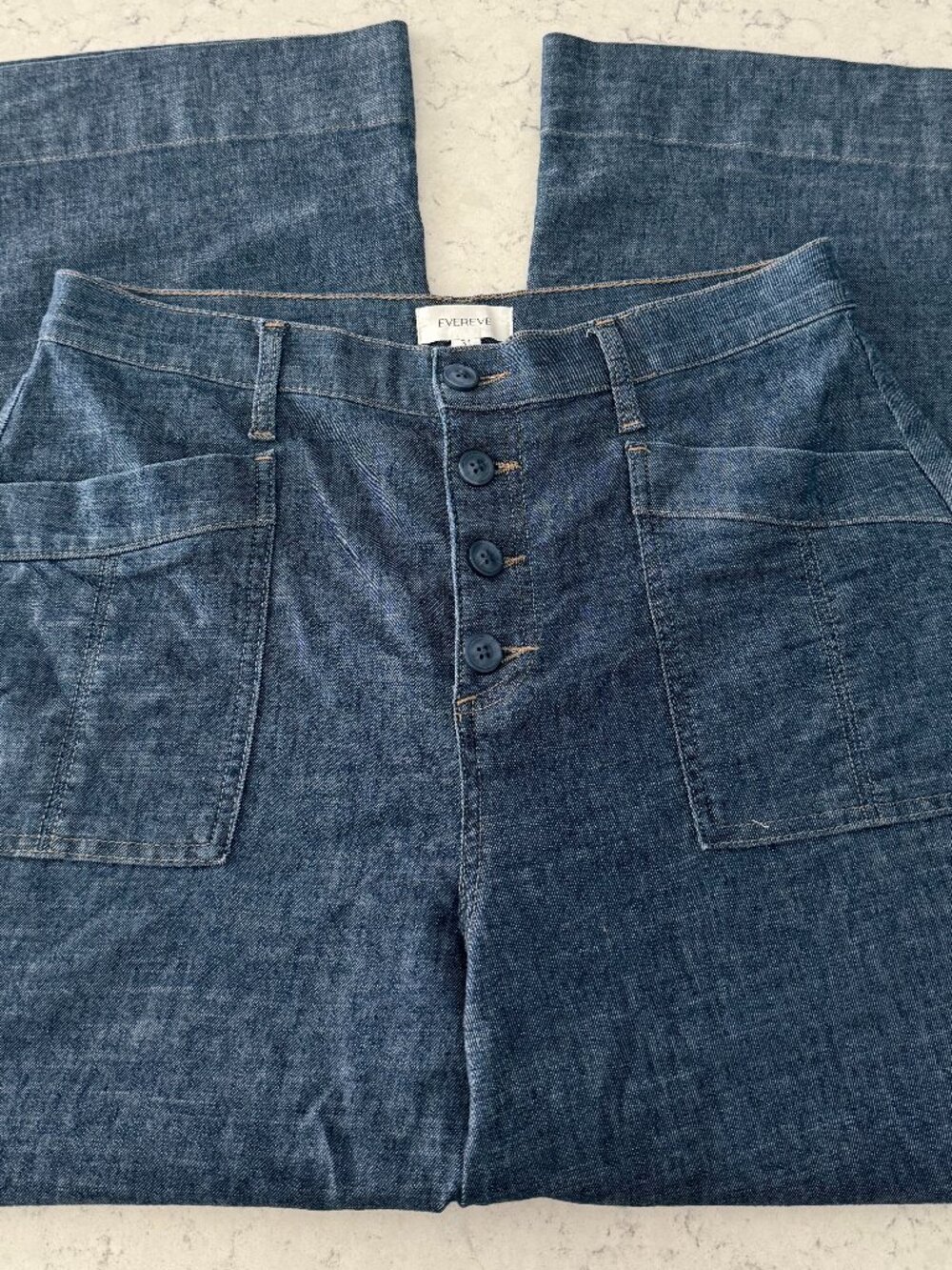 Evereve Joelle Original Wide Leg Pants Size 31 Patch Pocket 4 Button Front EUC